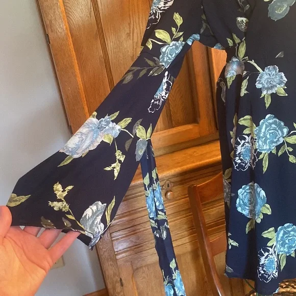 Maurices Floral Mini Dress - Blue and Green boho trumpet sleeves navy sage XL - Picture 6 of 16